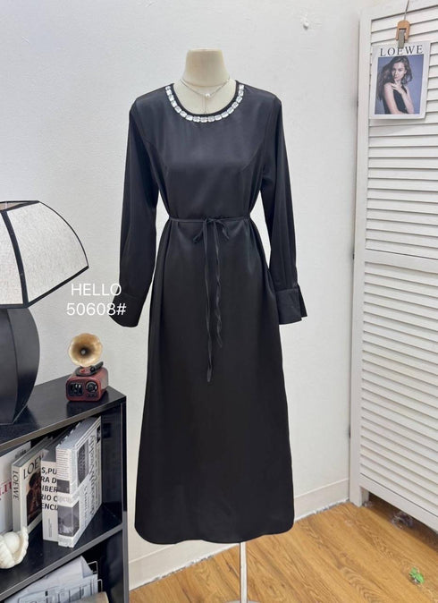 Crystal Decor Long Sleeves Long Satin Dress